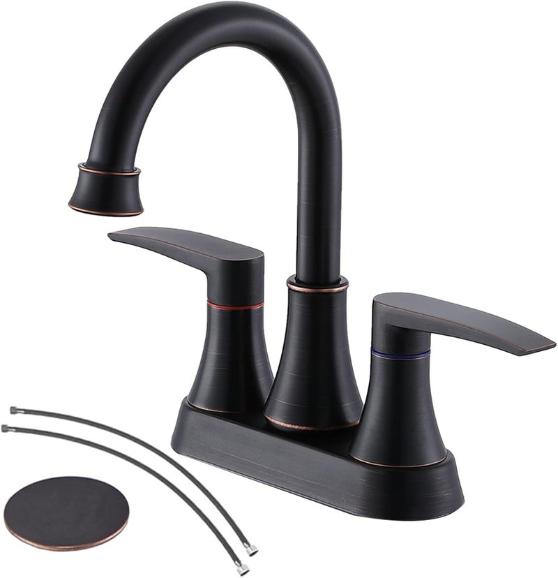 VALISY Lead-Free 2-Handle Oil Rubbed Bronze Bathroom Sink Faucet, 360Â° Swivel High-Arc Spout 4 Inch Centerset Bath Lavatory Vanity Faucets Set for Bathroom Sinks with Drain & Water Hoses, VABM80008H - Image 1
